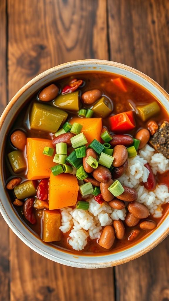 A hearty bowl of vegan gumbo with vegetables and rice, garnished with green onions.